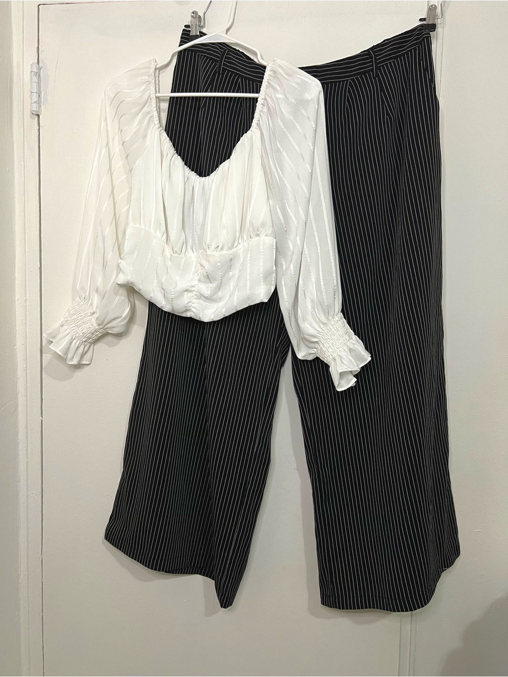 White Milkmaid Peasant Blouse & Black Pinstripe Wide Leg Pants Set Outfit